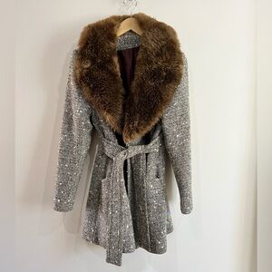 Vintage Tweed Faux Fur Collar Coat Old Money Chic Winter Wrap Size Small